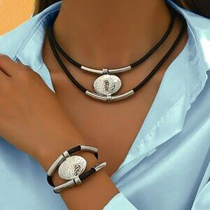 Jewelry Set Boho Double Layer Black Rope Oval Pendant‎ Trendy Necklace Bracelet